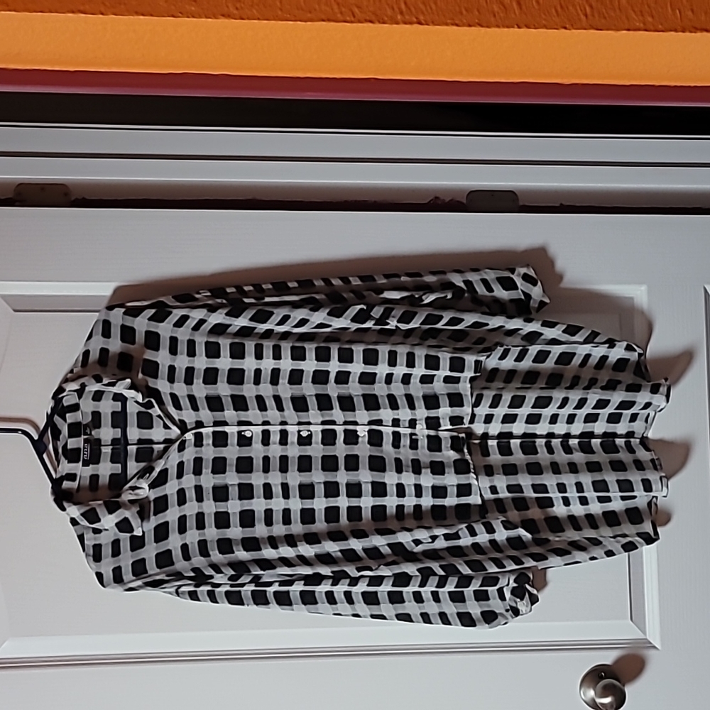 Ana lg long button down blouse black and white lightly used